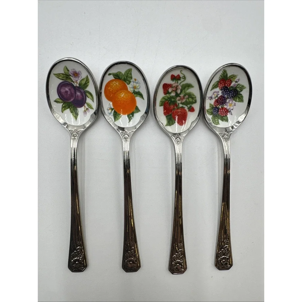 VTG Avon 1981 Fruit Spoon Set 4 Stainless Steel Enamel Bowl Jelly Spoons Japan